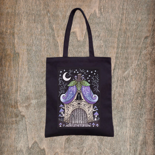 Bluebell Cottage Tote Bag - Spring Summer Pixie Flower House Fair Trade Cotton Bag - Black Witchy Dark Cottagecore Tote - Cosy Purple Fairycore Shopping Tote