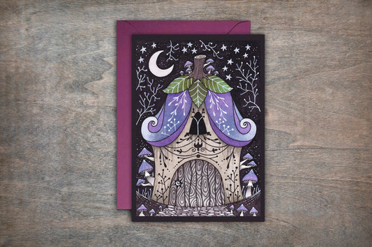 Bluebell Cottage Card & Envelope - Spring Summer Purple Floral House Card - Whimsical Cosy Fairycore Greetings Card