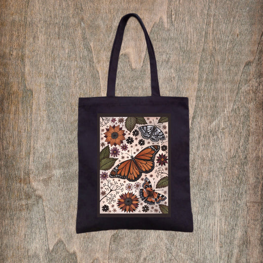 Butterfly Meadow Tote Bag - Spring Summer Butterflies Fair Trade Cotton Bag - Dark Cottagecore Garden Wildflower Shopping Tote Bag