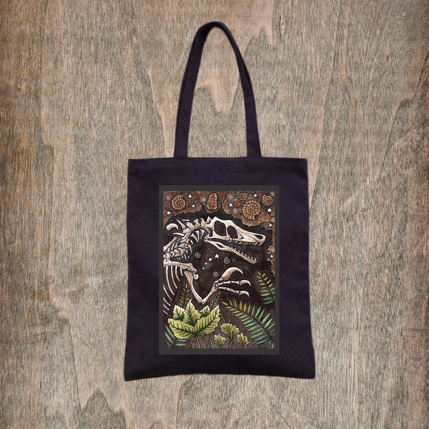 Fossilised Fear Black Tote Bag - Fair Trade Velociraptor Fossil Bones Cotton Bag - Ammonite Trilobite Paleontologist Dino Shopping Tote Bag