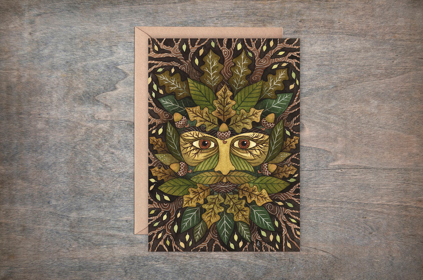 Green Man Greetings Card & Envelope - Whimsical Pagan Forest Folklore Card - Green Leaves, Acorns, Oak Wood Green Brown Gift