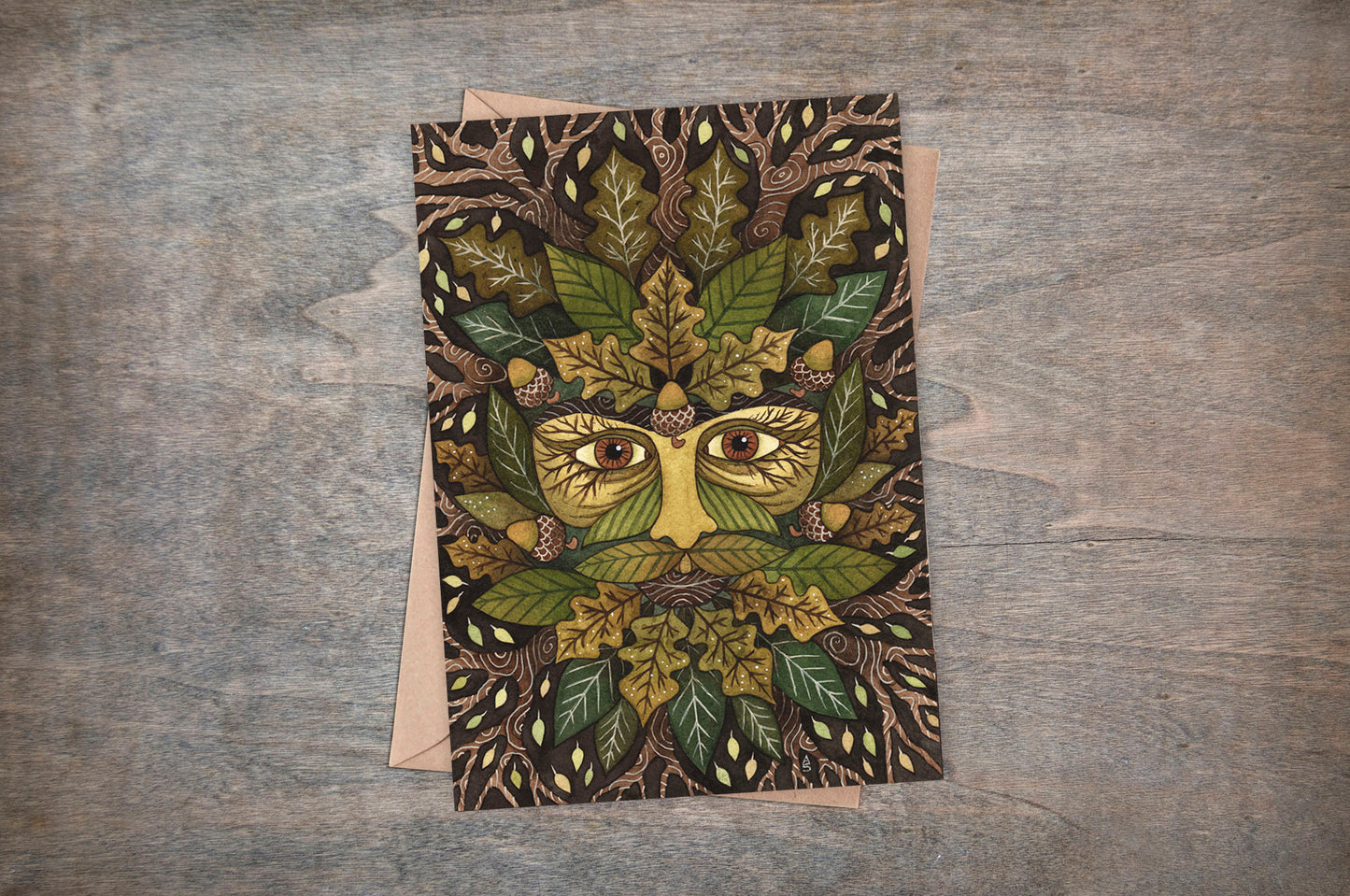 Green Man Greetings Card & Envelope - Whimsical Pagan Forest Folklore Card - Green Leaves, Acorns, Oak Wood Green Brown Gift