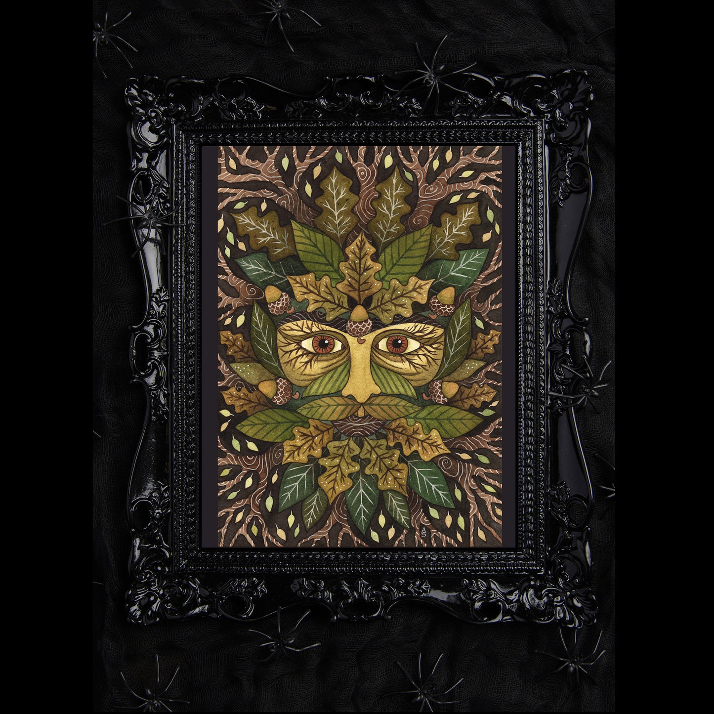Green Man Print - Forest Folklore A5 - A4 - A3 Handpainted Watercolour Pagan Art - Green Leaves, Acorns, Oak Wood Green Brown Wall Art Decor