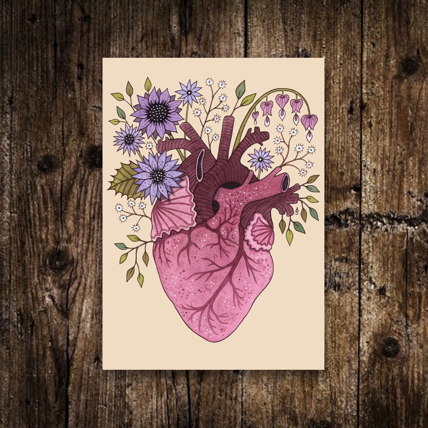 Heart Bloom Print - Small Spring Summer Floral Anatomical Heart Illustration - Watercolor Botanical Art - Small Spooky Witch Cottagecore Pink Décor