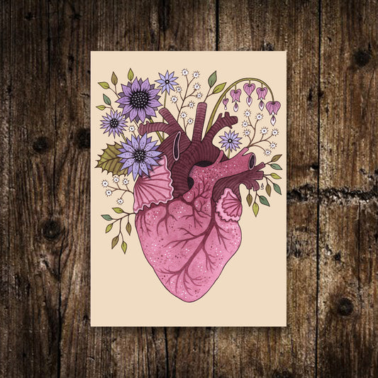 Heart Bloom Print - Small Spring Summer Floral Anatomical Heart Illustration - Watercolor Botanical Art - Small Spooky Witch Cottagecore Pink Décor