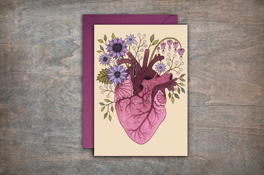 Heart Bloom Card & Envelope - Spring Summer Floral Anatomical Heart Card - Gothic Botanical Valentines Day Alternative Love Greetings Card