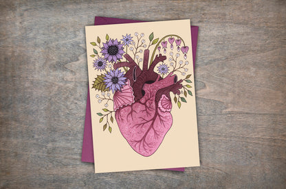 Heart Bloom Card & Envelope - Spring Summer Floral Anatomical Heart Card - Gothic Botanical Valentines Day Alternative Love Greetings Card