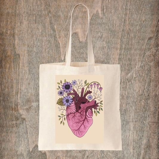 Heart Bloom Tote Bag - Spring Summer Floral Anatomical Heart Fair Trade Cotton Bag - Spooky Witch Botanical Cottagecore Shopping Tote Bag