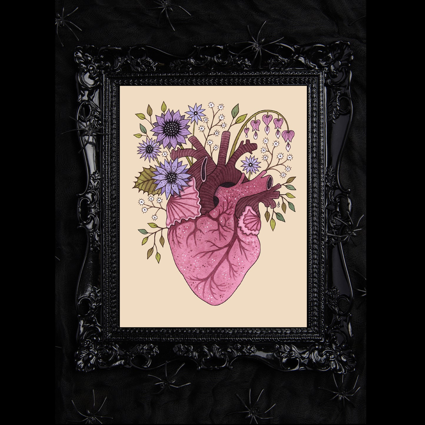 Heart Bloom Print - Spring Summer Floral Anatomical Heart A5 - A4 - A3 Watercolor Botanical Art - Spooky Witch Cottagecore Pink Décor