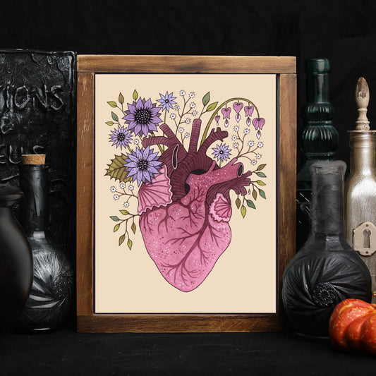 Heart Bloom Print - Spring Summer Floral Anatomical Heart A5 - A4 - A3 Watercolor Botanical Art - Spooky Witch Cottagecore Pink Décor