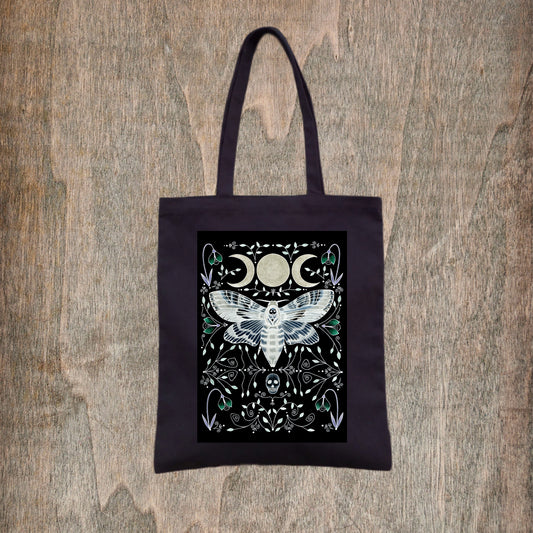 Death's Head Hawkmoth Tote Bag - Botanical Moon Moth Fair Trade Black Cotton Bag - Gothic Witchy Celestial Shopping Tote