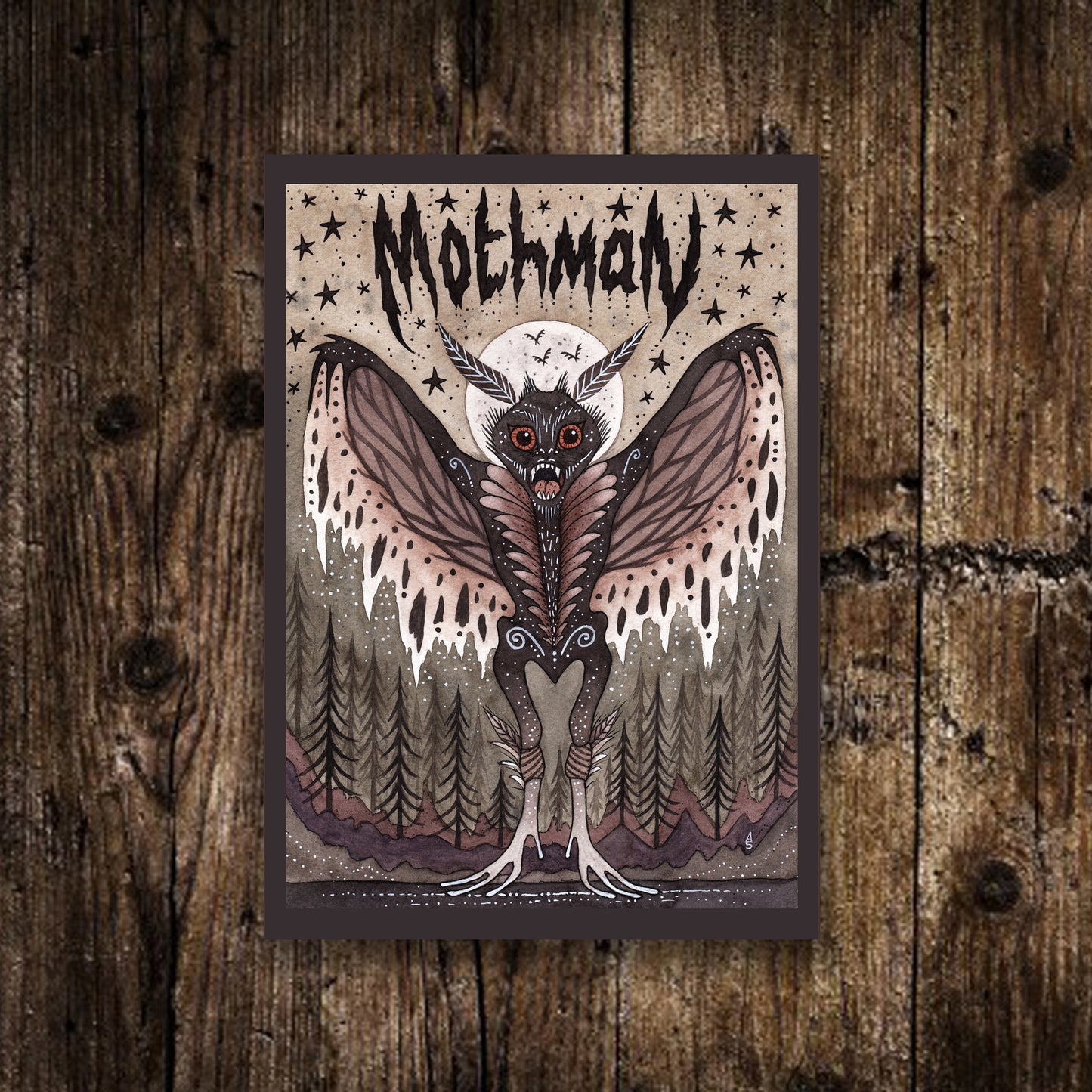 Mini A6 Mothman Print - Small Creepy Cryptids Illustration - Spooky Moth Man Postcard - Folk Horror Monster Lover Cryptozoology Decor