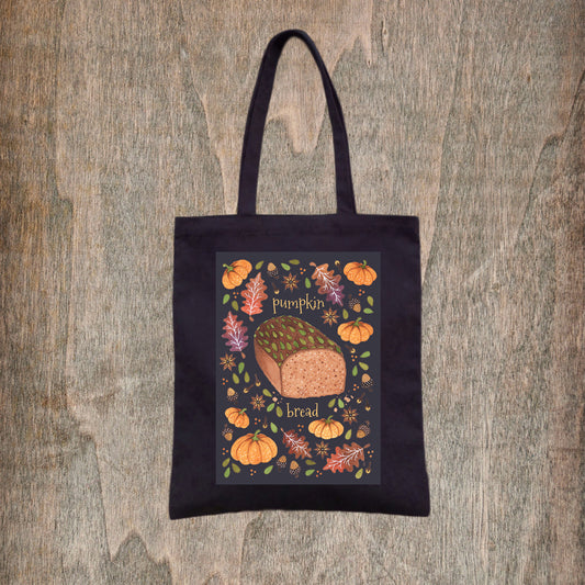 Pumpkin Bread Black Tote Bag - Cosy Baking Pumpkin Spice Autumn Leaves Bag - Trick Or Treat All Hallows' Eve Grocery Shopping Bag