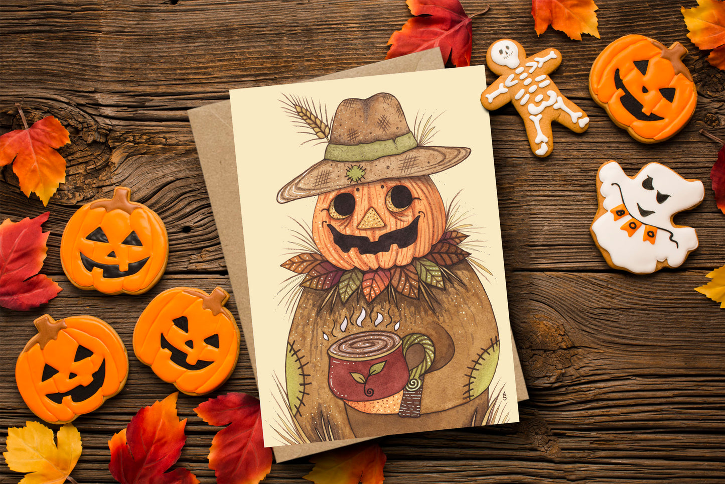 Pumpkin Joe Greetings Card & Envelope - Whimsical Pumpkin Patch People Card - Cosy Pumpkin Spice Halloween Rustic Farm Greetings Card
