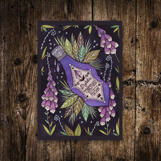 Mini A6 Pure Poison Print - Small Spring Summer Floral Foxglove Poison Bottle Illustration - Spooky Witchy Purple Potion Décor