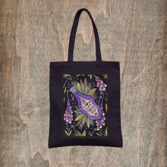Pure Poison Tote Bag - Spring Summer Floral Foxglove Poison Bottle Fair Trade Cotton Bag - Black Purple Gothic Witchy Bag - Botanical Poisonous Plants Shopping Tote