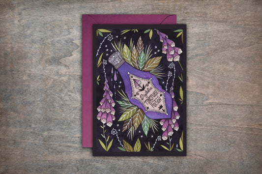 Pure Poison Card & Envelope - Spring Summer Floral Foxglove Poison Bottle Card - Gothic Botanical Valentines Day Alternative Love Greetings Card