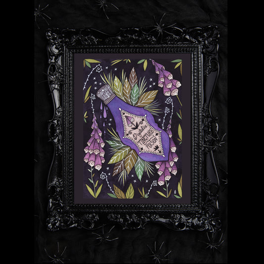 Pure Poison Print - Spring Summer Floral Foxglove Poison Bottle A5 - A4 - A3 Watercolor Botanical Art - Spooky Witchy Purple Potion Décor
