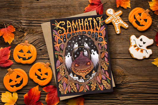 Samhain Greetings Card & Envelope - Spooky Pagan Halloween Turnip Jack O Lantern Card - Whimsical Autumn Falling Leaves Greetings Card