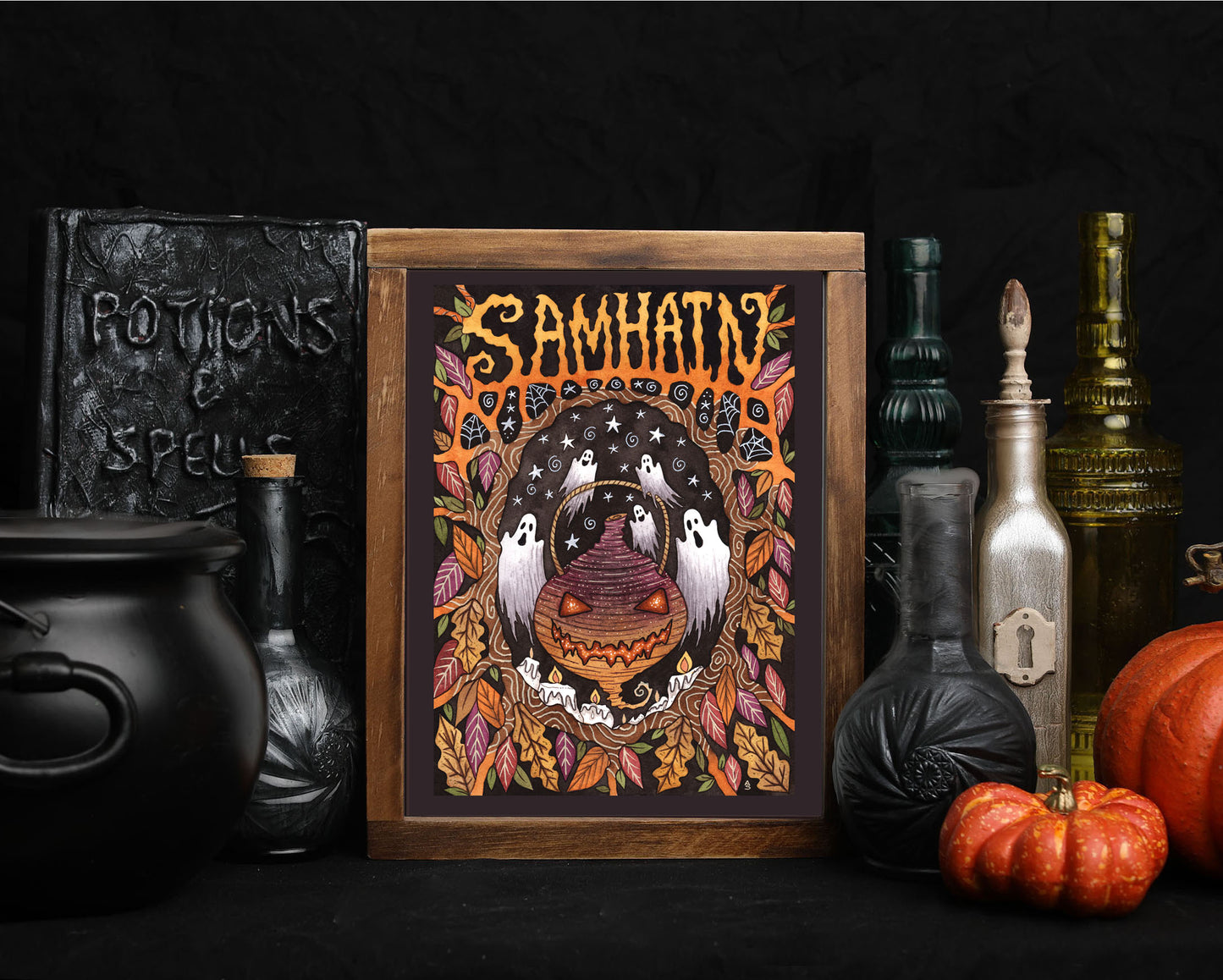 Samhain Print - Pagan Halloween All Hallows' Eve Turnip Jack-O-Lantern A5 - A4 - A3 Spooky Ghosts Autumn Leaves Wall Art Decoration