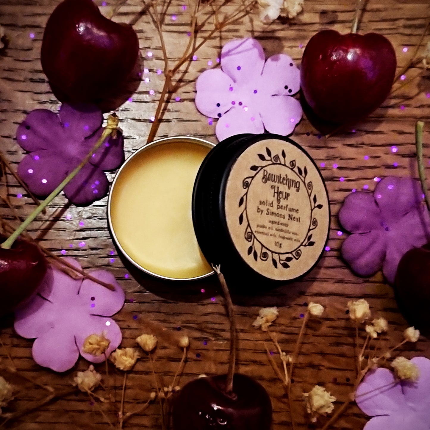 Bewitching Hour Solid Perfume - Romantic Spring Collection Solid Fragrance Tin - Black Cassis, Rose, Cherry Blossom, Peach, Lily, Neroli, Immortelle Flower, Warm Vanilla & Precious Woods Floral Vegan Perfume Blend