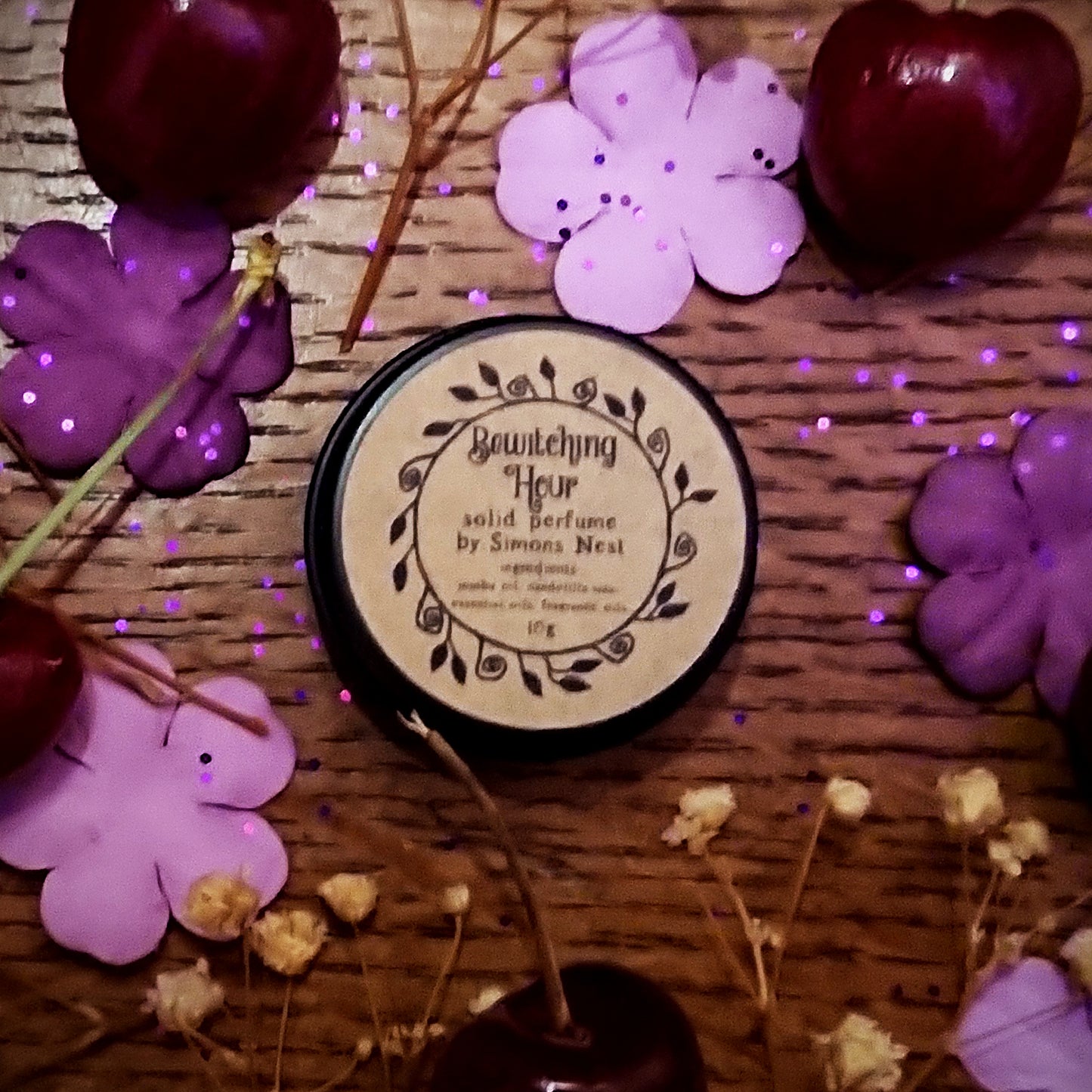 Bewitching Hour Solid Perfume - Romantic Spring Collection Solid Fragrance Tin - Black Cassis, Rose, Cherry Blossom, Peach, Lily, Neroli, Immortelle Flower, Warm Vanilla & Precious Woods Floral Vegan Perfume Blend