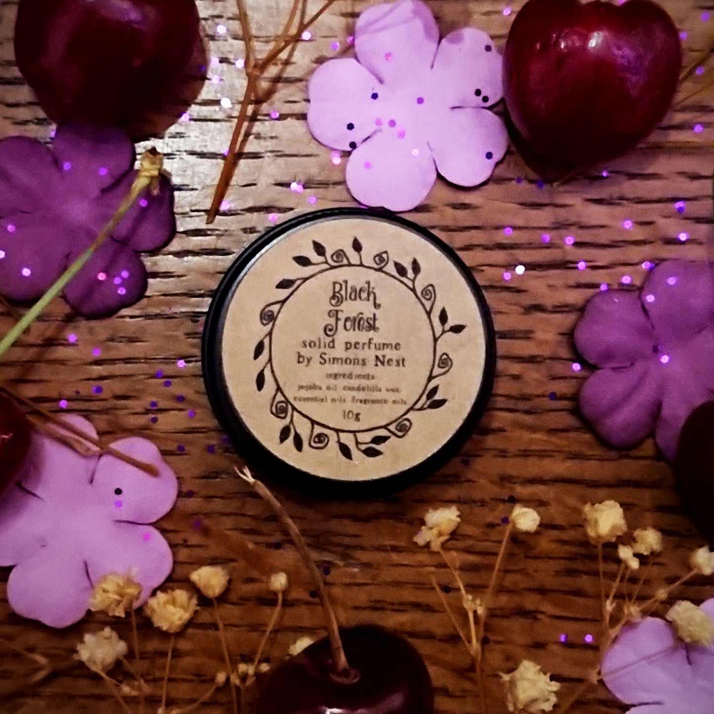 Black Forest Solid Perfume - Romantic Spring Collection Solid Fragrance Tin - Black Cherry, Dark Chocolate, Vanilla Cream & Mysterious Woods Gourmand Vegan Perfume Blend