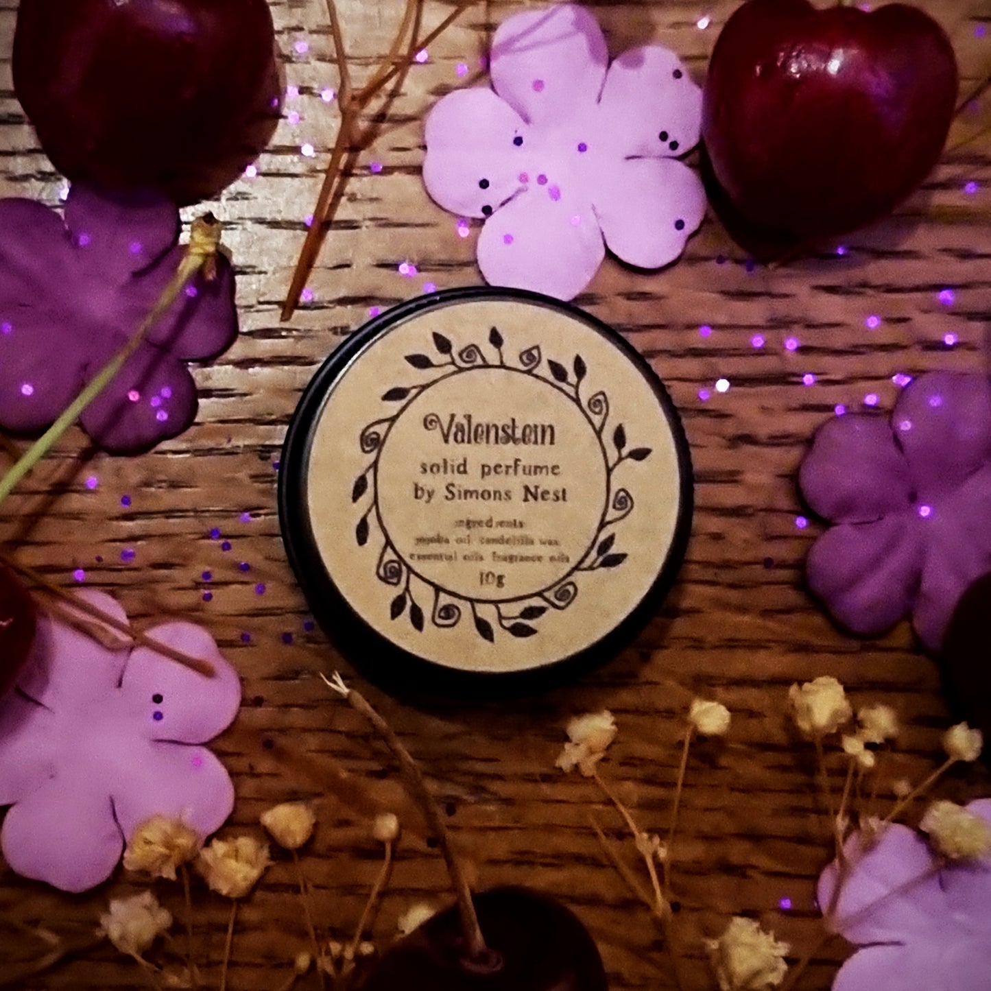 Valenstein Solid Perfume - Romantic Spring Collection Solid Fragrance Tin - Black Cherry Cola, Almond, Deep Spices & Vanilla Bourbon Vegan Perfume Blend