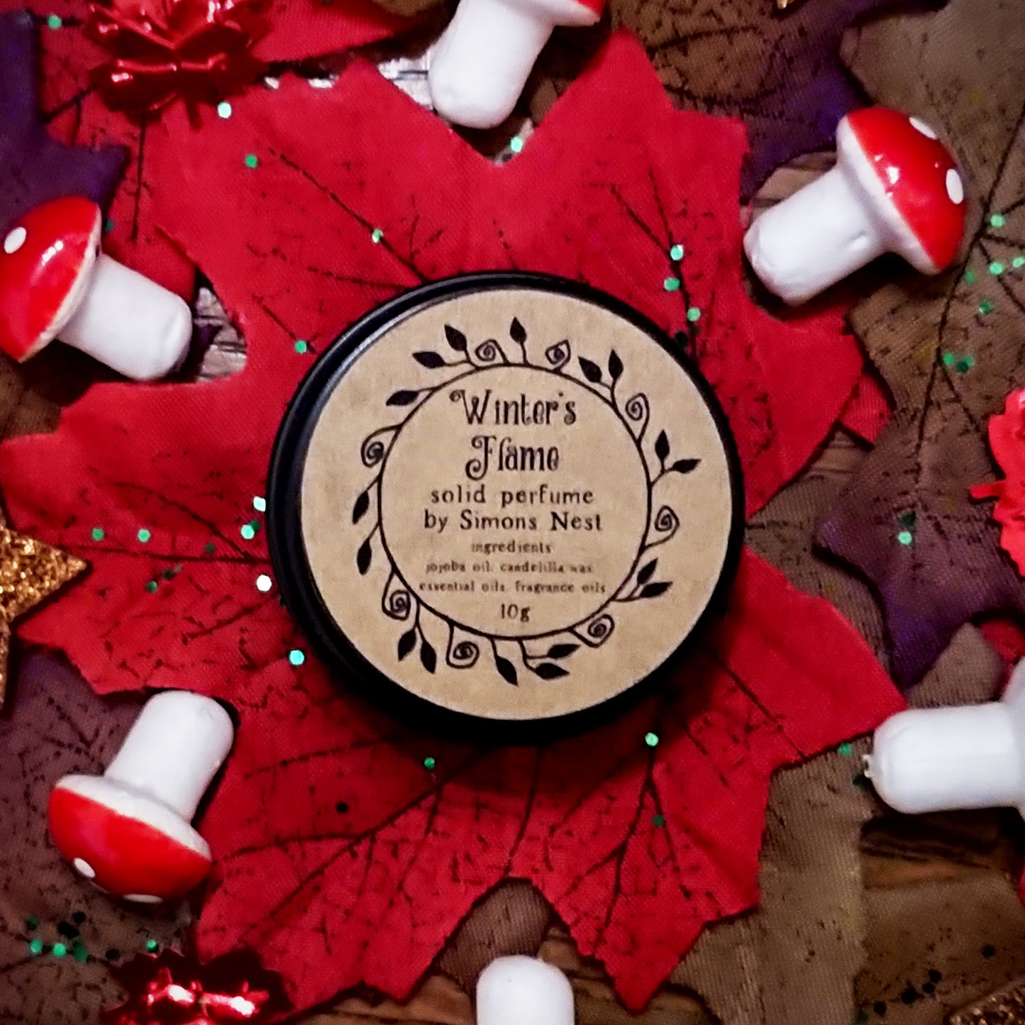 Winter's Flame Solid Perfume - Festive Winter smoky spicy Solid Fragrance Tin - Log Fire Cedarwood Bay Fir Needle Woodsy Smoky Vegan Perfume Blend
