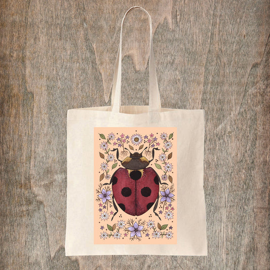 Spring Ladybug Tote Bag - Spring Summer Ladybird Peach Floral Fair Trade Cotton Bag - Cottagecore Garden Wildflower Shopping Tote Bag