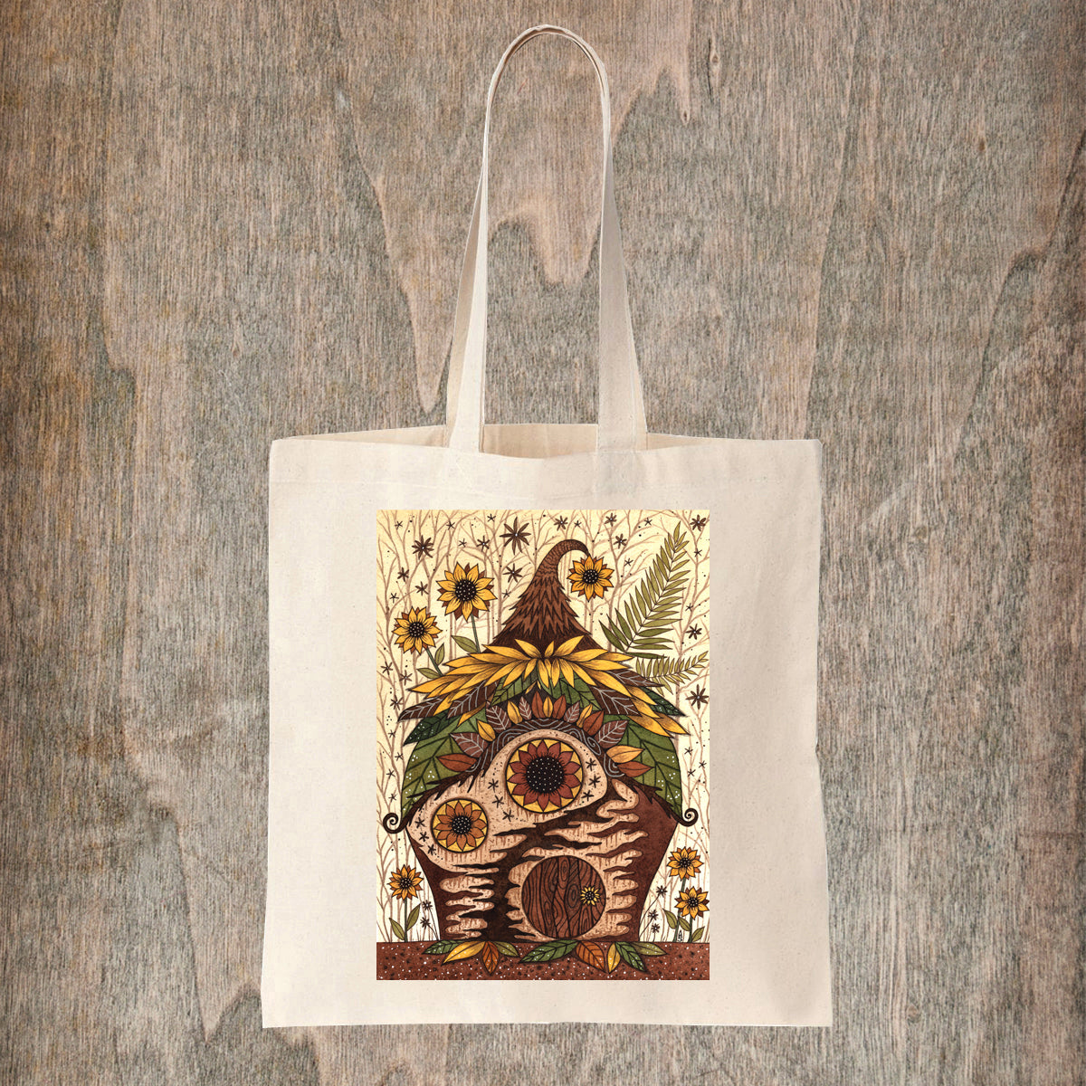 Sunflower Cottage Tote Bag - Spring Summer Fairy Pixie Fair Trade Cotton Bag - Yellow Sunflowers Garden Shopping Tote Bag