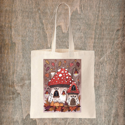 Toadstool Cottage Tote Bag - Whimsical Mushroom House Natural Cotton Tote - Cosy Autumn Leaves Pumpkin Patch Fairycore Bag