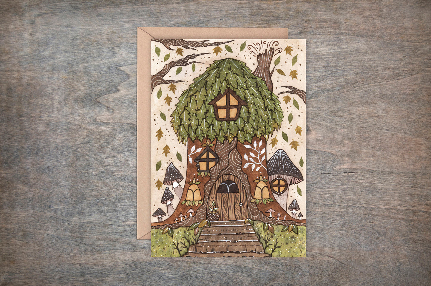 Tree House Greetings Card & Envelope - Whimsical Forest Cottage House Card - Forest Nature Folk House Card - Green Leaves Mushroom Cosy Woodland House Gift
