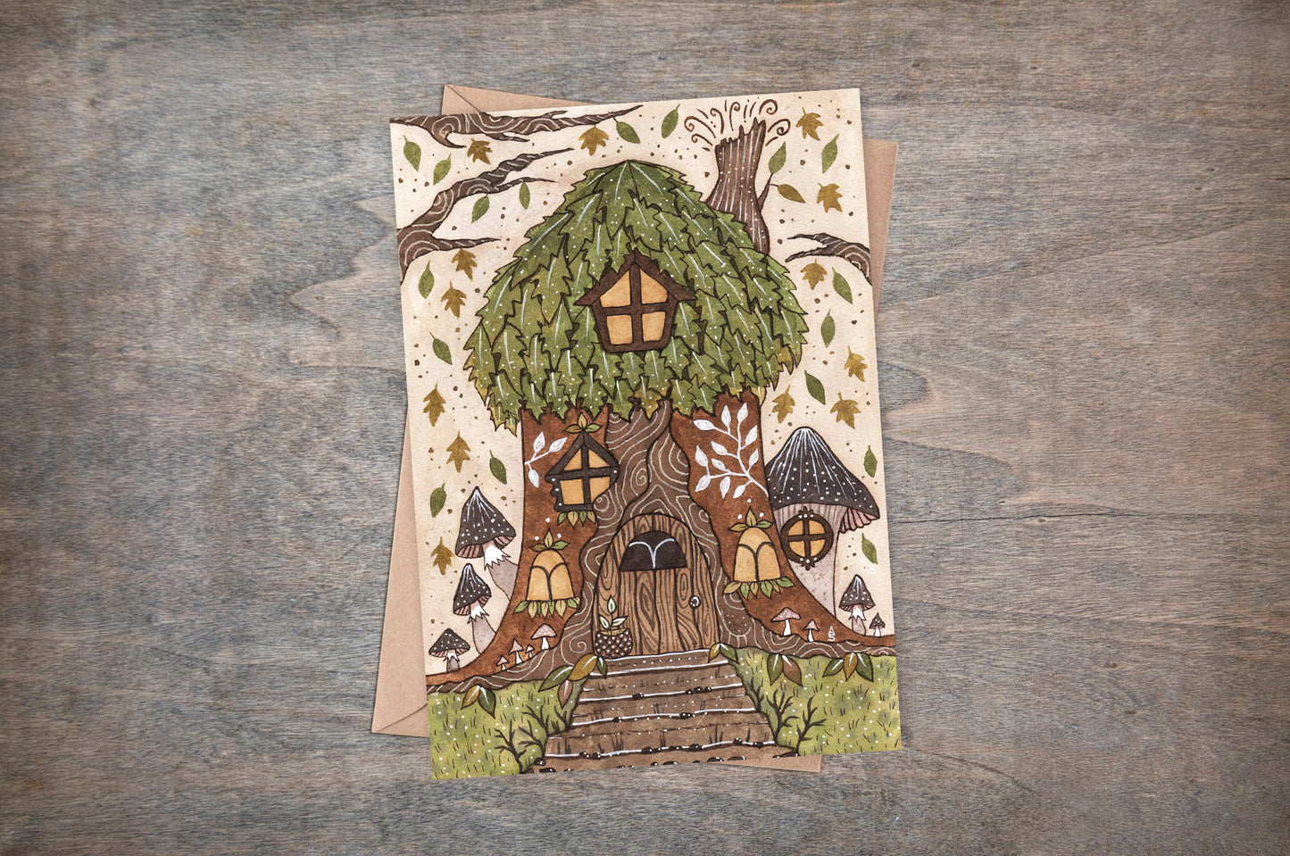 Tree House Greetings Card & Envelope - Whimsical Forest Cottage House Card - Forest Nature Folk House Card - Green Leaves Mushroom Cosy Woodland House Gift