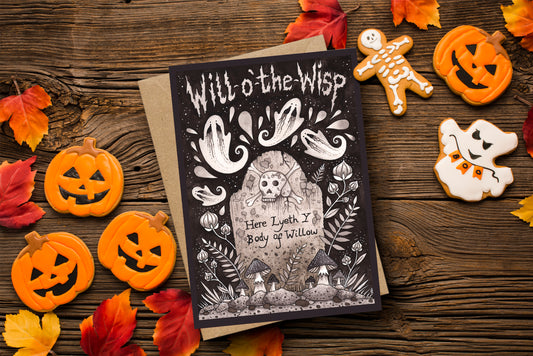 Will-o'-the-Wisp Greetings Card & Envelope - Spooky Halloween Ghost Card - Gothic memento Mori Gravestone Greetings Card