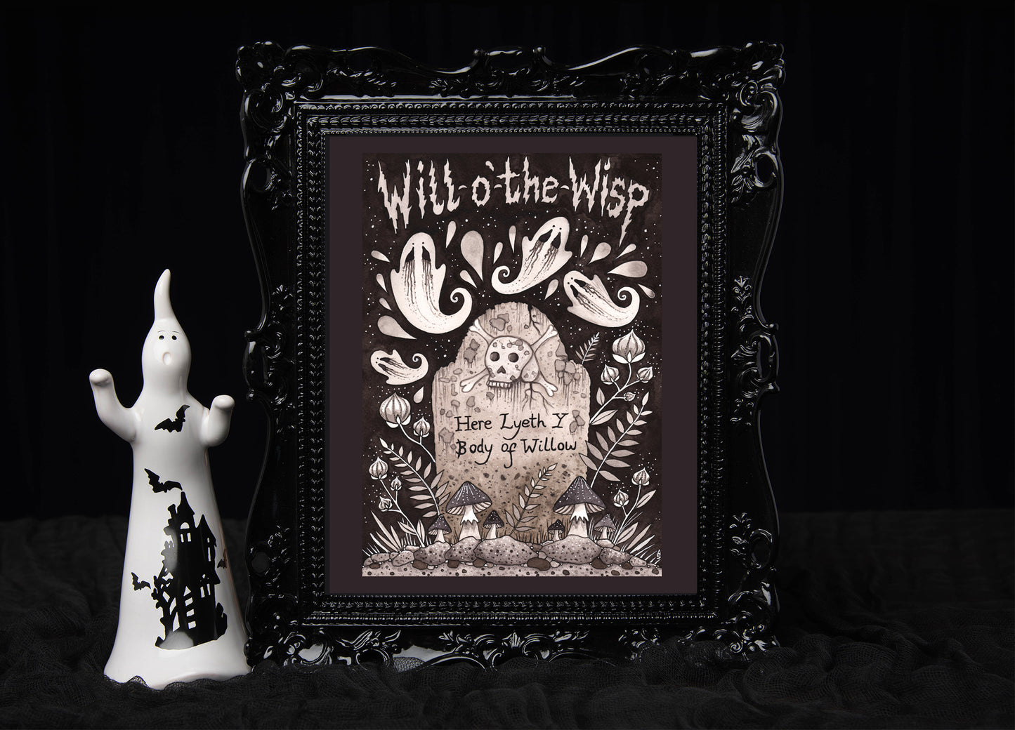 Will-o'-the-Wisp Print - Spooky Halloween Graveyard Ghosts A5 - A4 - A3 Spooky Ghosts Autumn Leaves Wall Art Decoration