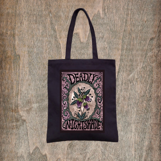Deadly Nightshade Bag - Black Purple Atropa Belladonna Cotton Tote - Gothic Garden Witch Herb Pagan Bag - Nature Plant Witch Summer Bag