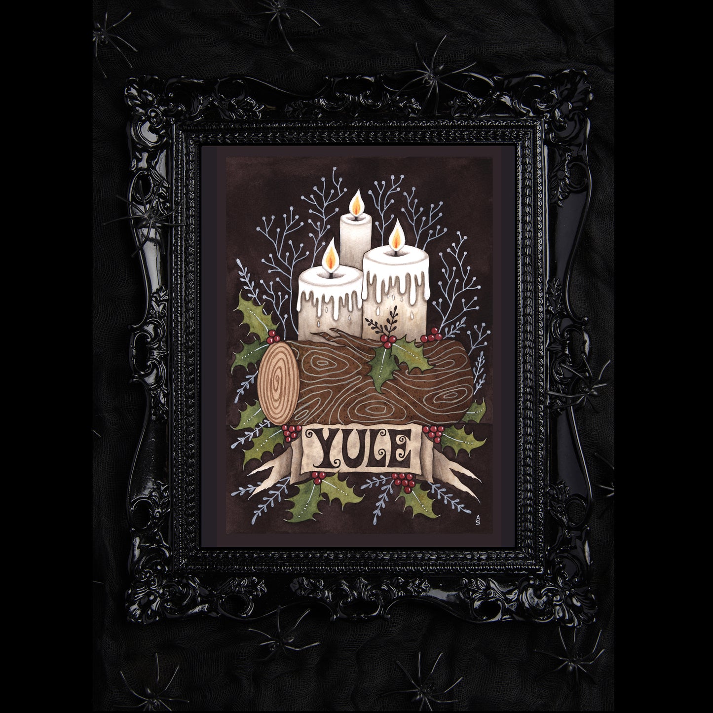 Yule Candles Print - Winter Yuletide Candles, Holly & Yule Log A5 - A4 - A3 Seasonal Christmas Wall Art Altar Decoration