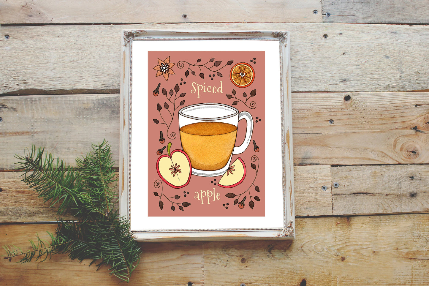 Spiced Apple Print - A5 - A4 - A3 Hot Mulled Apple Illustration - Red Fruit Print Decor - Autumn Winter Cosy Whimsical Cafe Kitchen Wall Art
