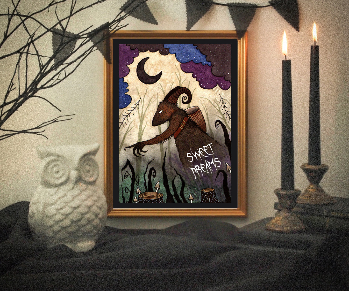 Krampus 'Sweet Dreams' Print - Krampus Creepy Christmas Halloween Watercolour A5 - A4 - A3 Illustration Print - Pagan Goth Dark Fantasy Art