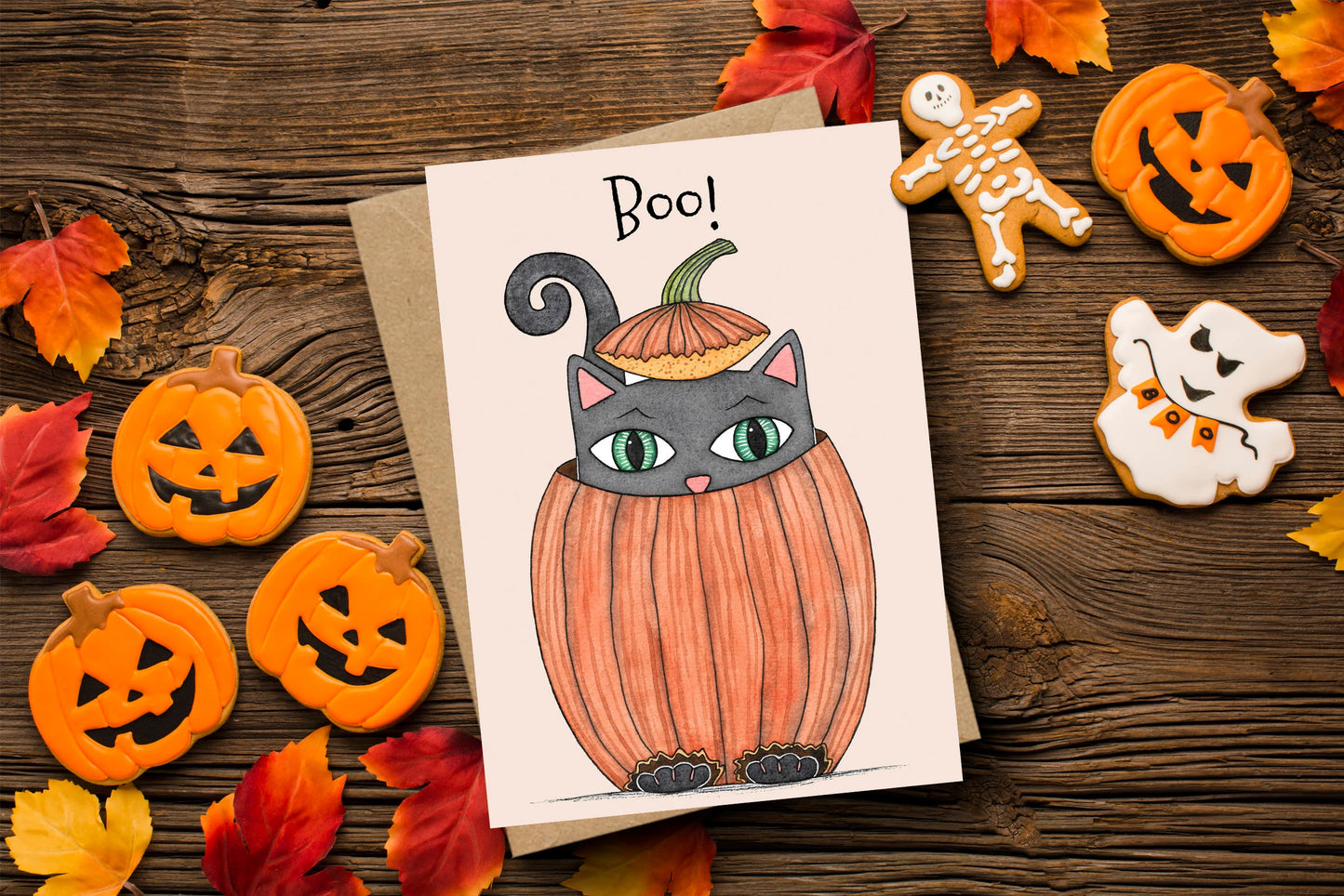 Pumpkin Cat Greetings Card & Envelope - Whimsical Spooky Halloween Cat Card - Kids Halloween Invitation - Cute Peek-a-boo Pumpkin Cat Decor