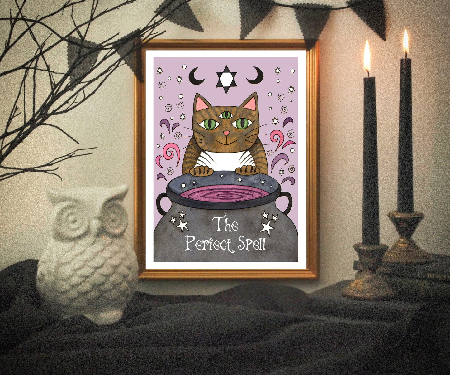 Potion Cat Illustration Print - 'The Perfect Spell' Purple A5 - A4 - A3 Cute Kids Animal Art Print - Halloween Magic Tabby Cat Spooky Decor