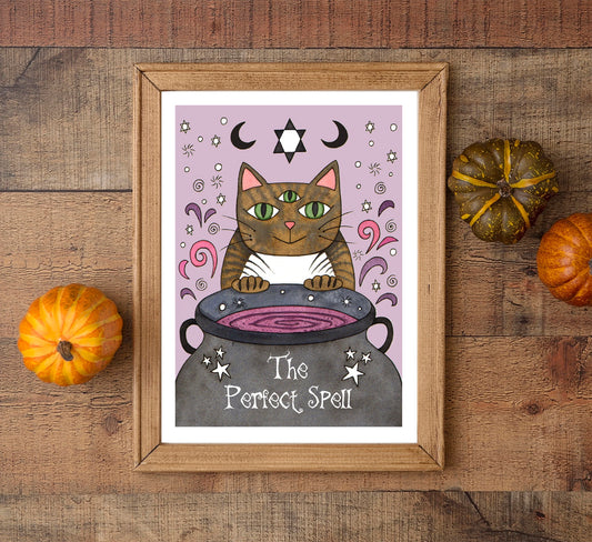 Potion Cat Illustration Print - 'The Perfect Spell' Purple A5 - A4 - A3 Cute Kids Animal Art Print - Halloween Magic Tabby Cat Spooky Decor