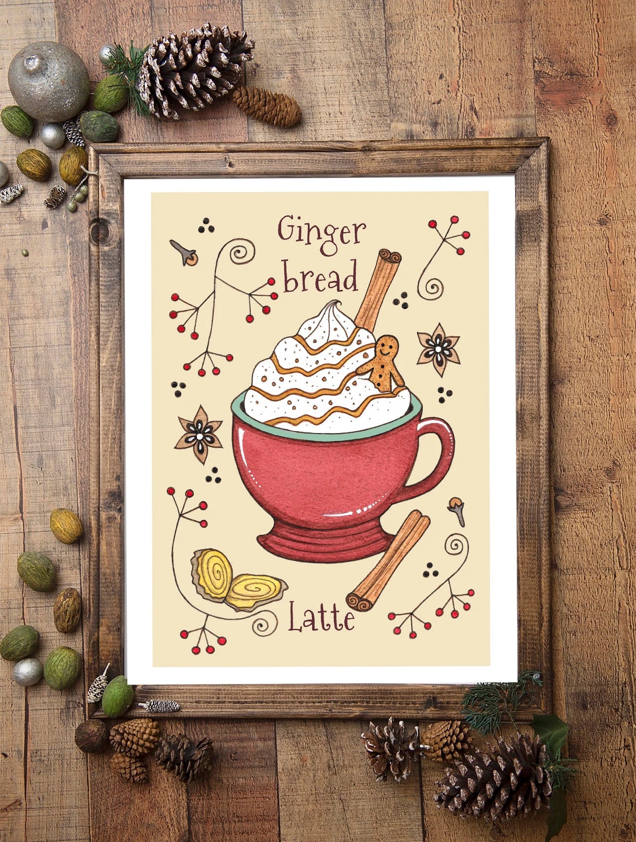 Gingerbread Latte Print - A5 - A4 - A3 Spiced Ginger Coffee Shop Illustration Print - Autumn Winter Christmas Whimsical Food Decor Wall Art