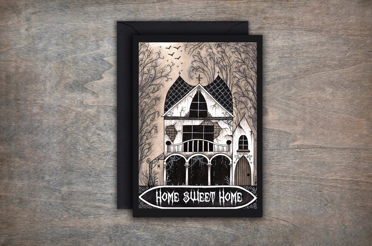 Haunted House Greetings Card & Envelope - Spooky Home Sweet Home Card - Gothic Halloween Housewarming Card - Creepy Cosy Goth Welcome Home
