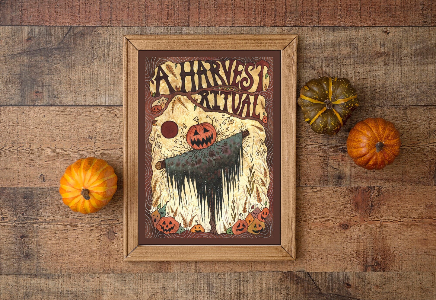 A Harvest Ritual Print - Halloween Scarecrow A5 - A4 - A3 Watercolour Wall Art - Spooky Orange Halloween Pumpkins Jack-O-Lantern Decoration