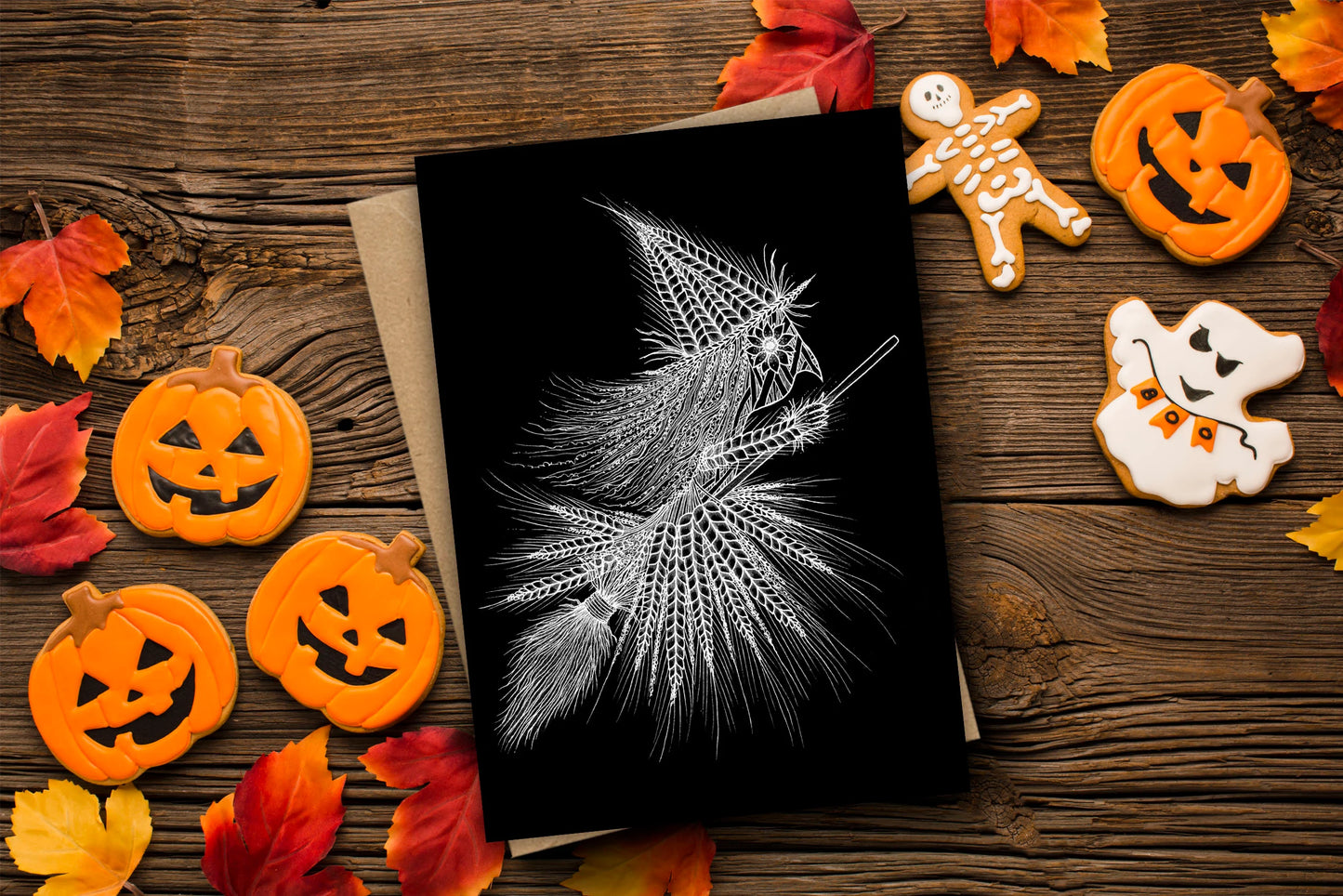 Harvest Witch Greetings Card & Envelope - Black And White Witchcraft Corn Dolly Card - Wheat Witchcraft Folklore Autumn Halloween Card