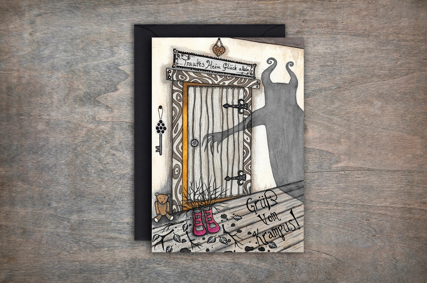Krampus Shadow Card - Krampus Creepy Christmas Gothic Winter Card - Black Brown Grey Pagan Yuletide Spooky Greetings Card