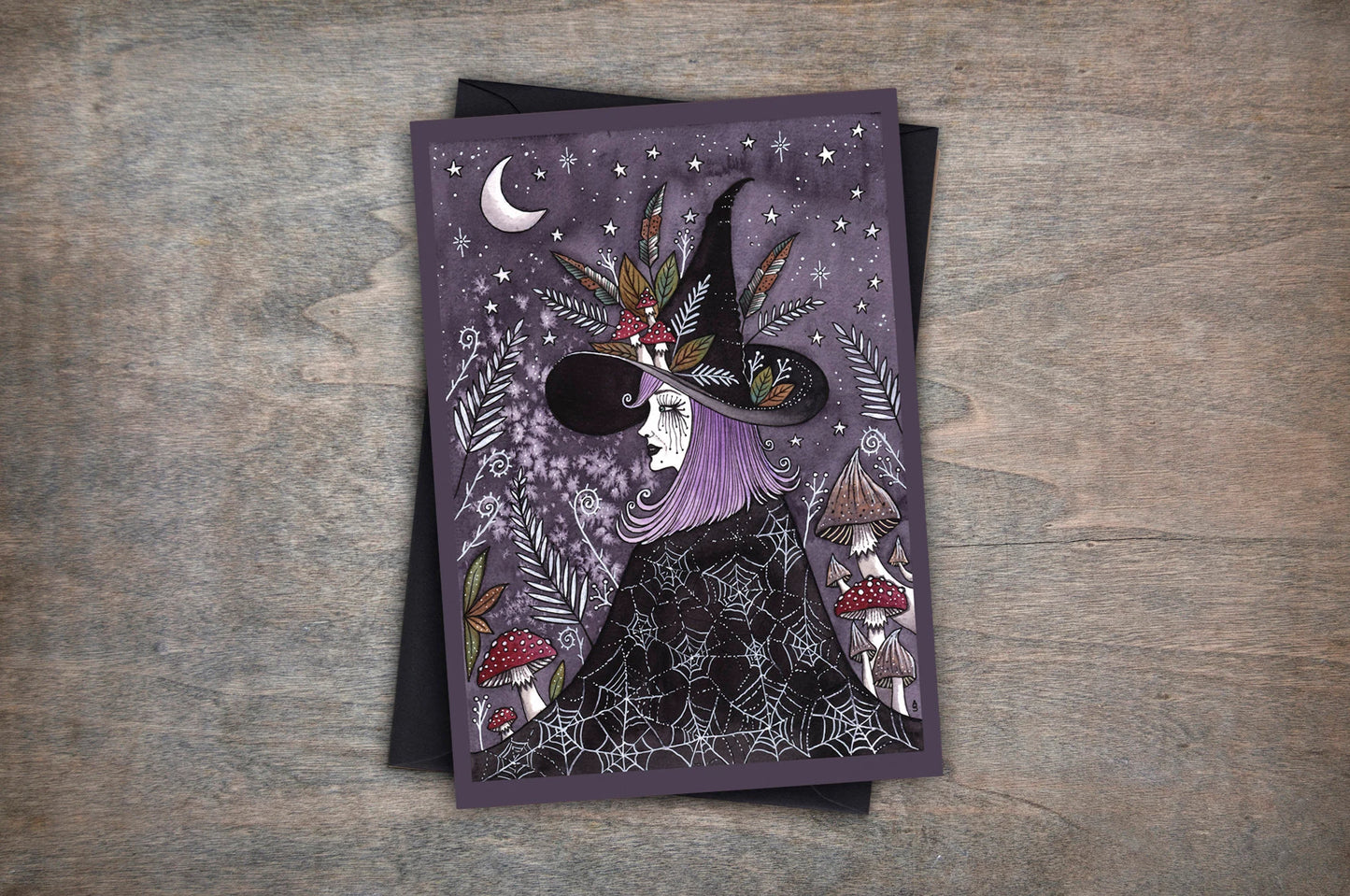 Luna The Midnight Witch Greetings Card & Envelope - Purple Gothic Witchcraft Watercolour Card - Toadstool Mushroom Moon Hedgewitch Gift