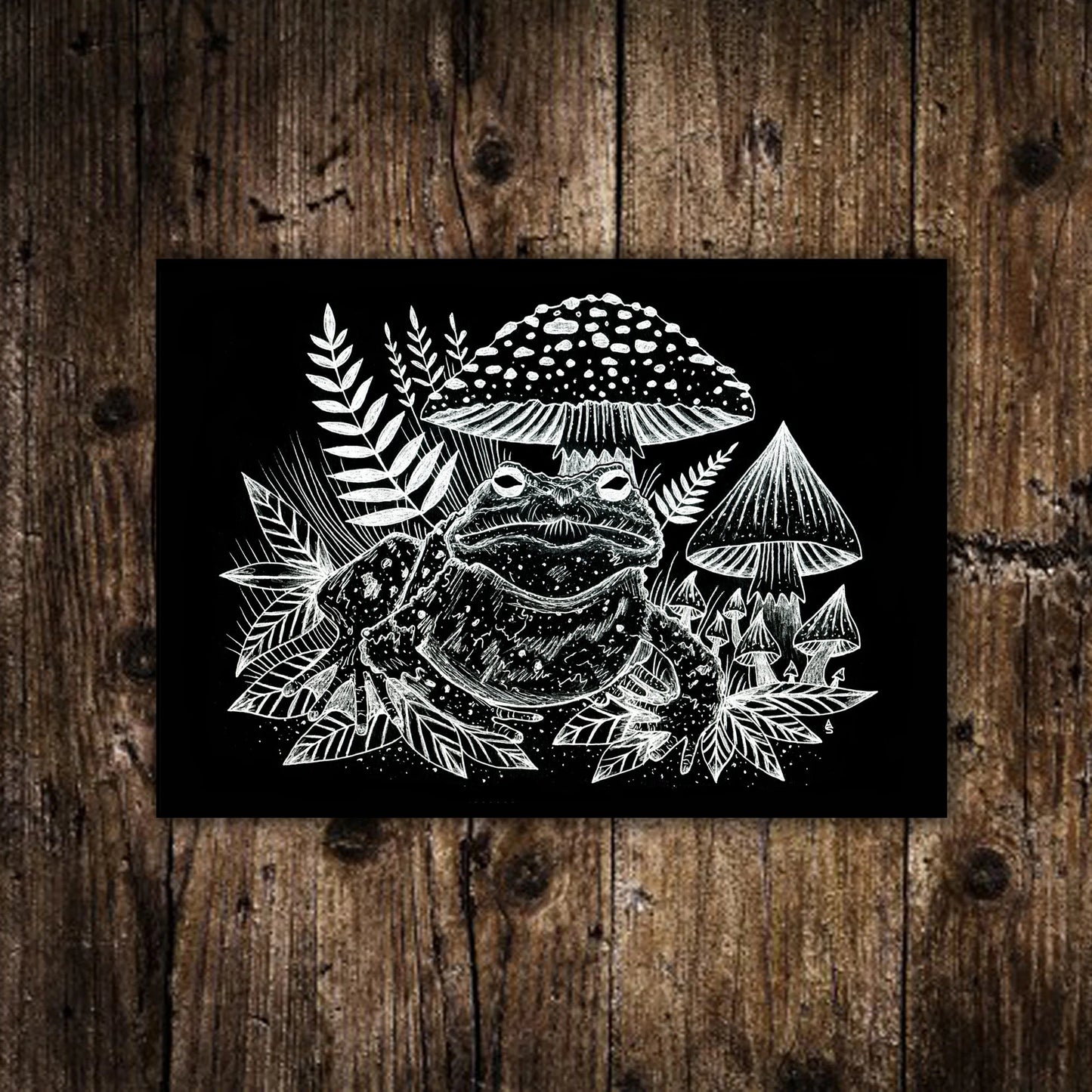 Mini Mushroom Toad Print - Small A6 Black And White Whimsical Toadstool Fern Toad Illustration - Witchy Goblincore Cottagecore Print